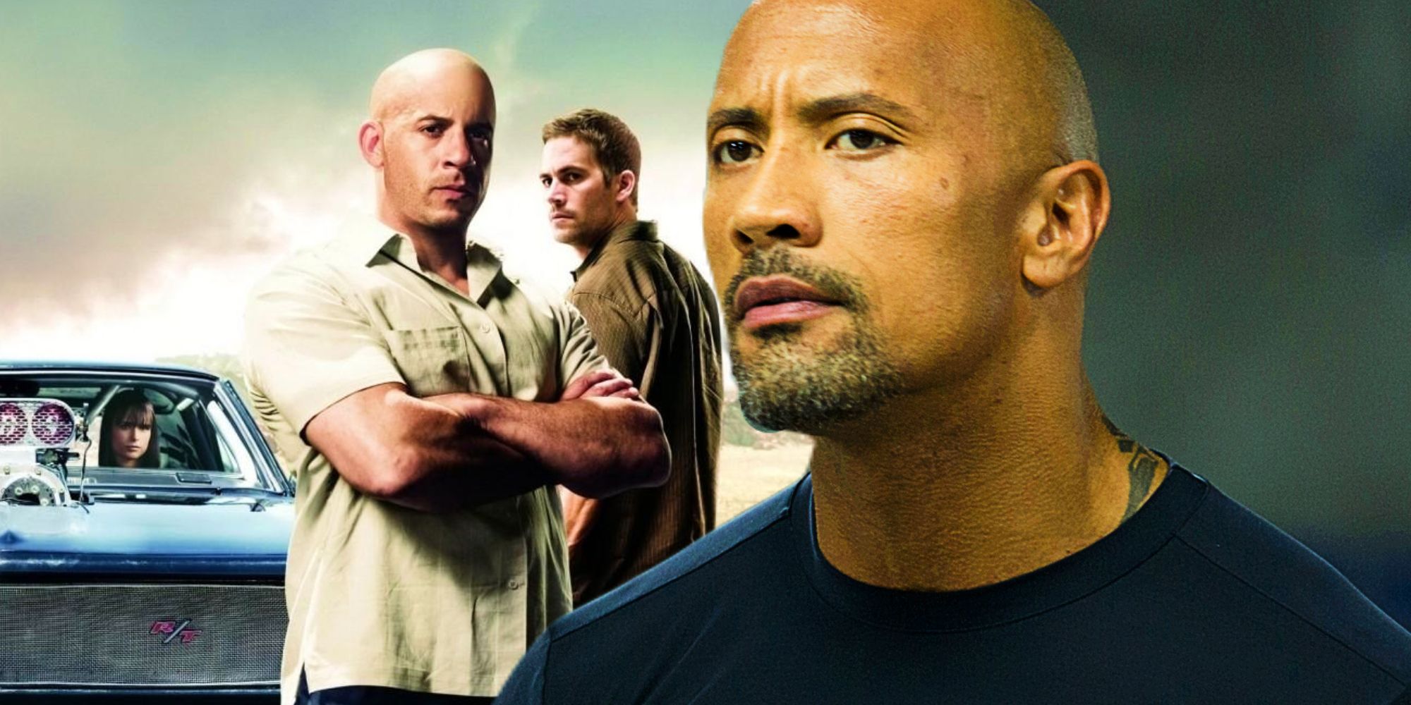 Vin Diesel as Toretto, Paul Walker as Brian, and Dwayne Johnson as Hobbs