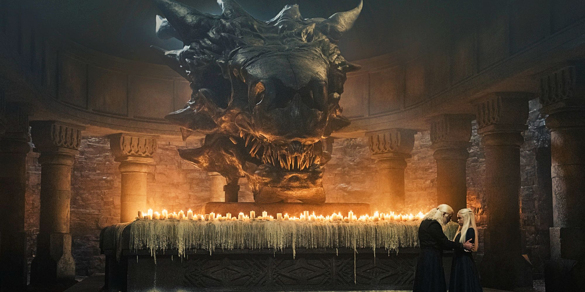 Viserys and Rhaenyra with Balerion skull in House of the Dragon