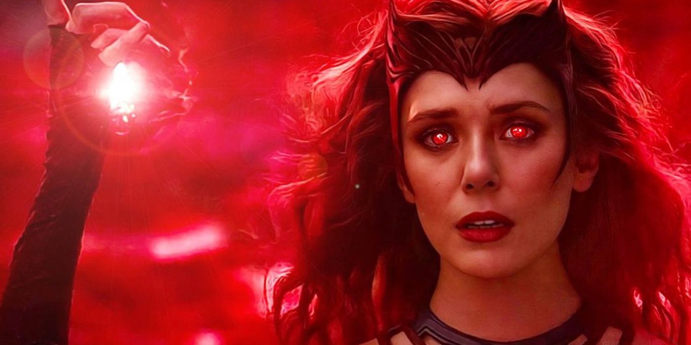 Wanda Maximoff com olhos vermelhos brilhantes em Doutor Estranho 2