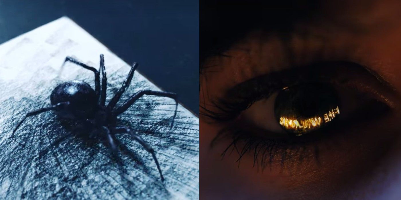 Split image of a spider on a sketch pad and Wednesday's eye, reflecting the text "Fire will rain"