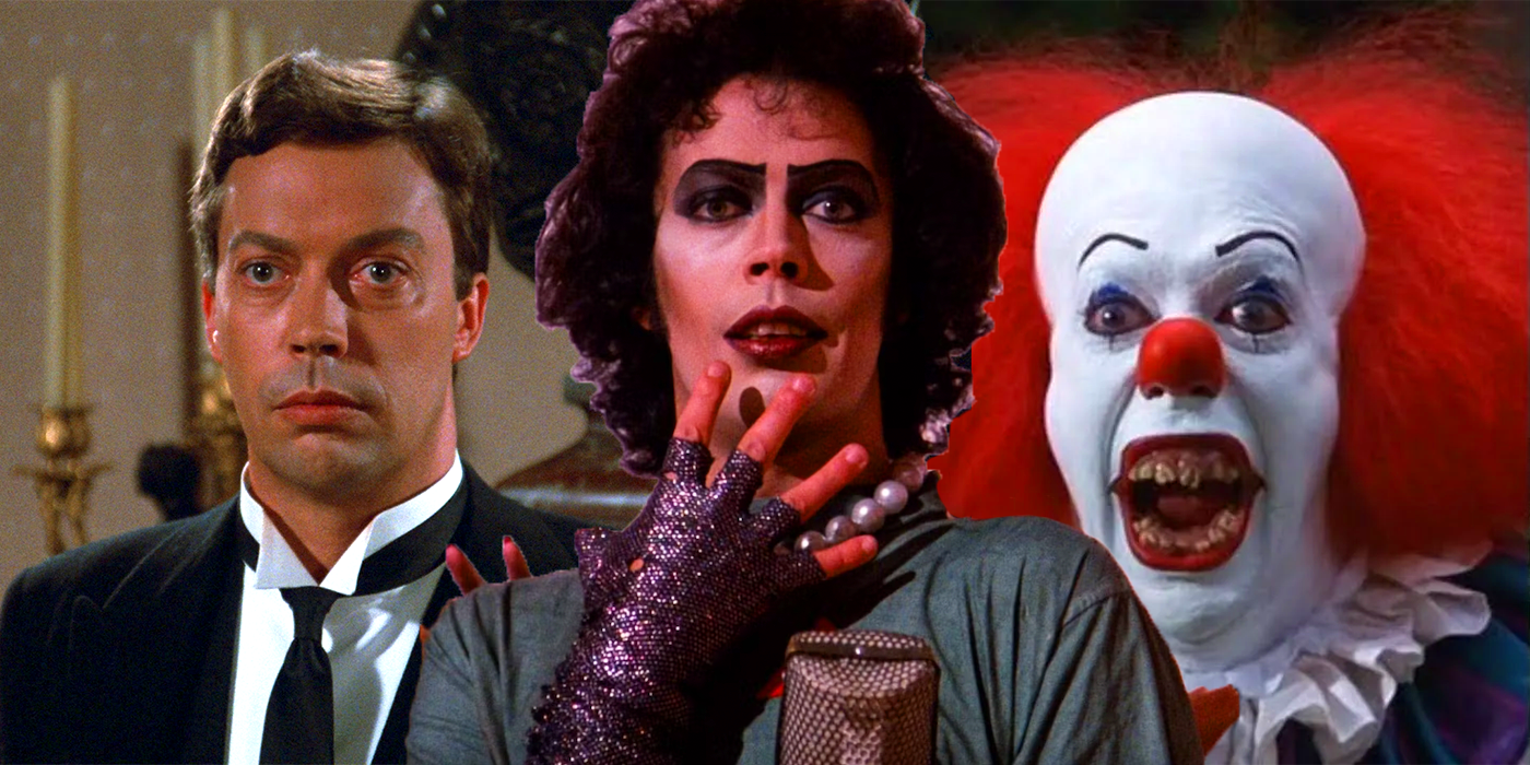 Tim Curry as Wadsworth in Clue, Dr. Frank-N-Furter in Rocky Horror Picture Show, and Pennywise in It