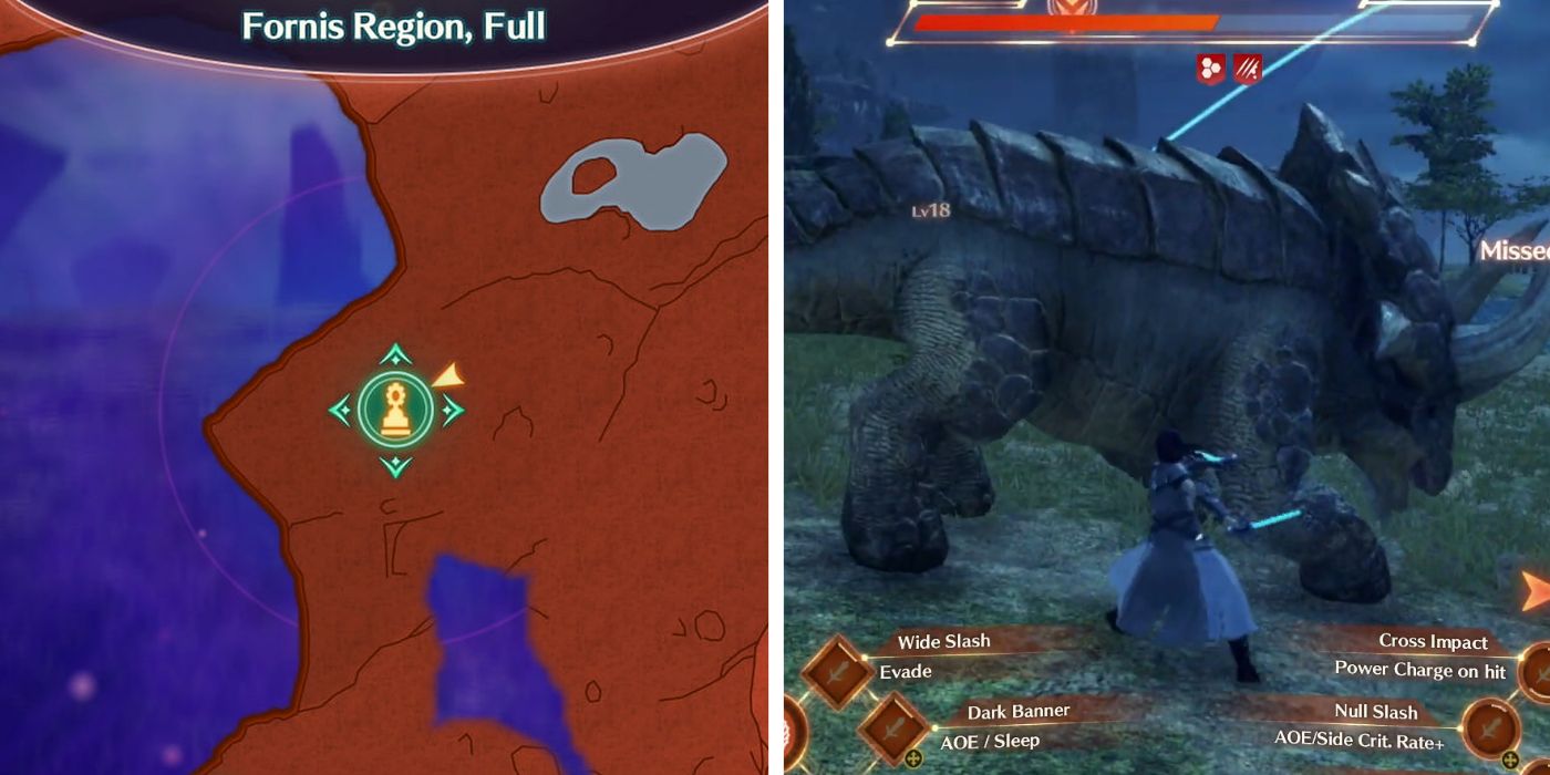 Full body Ardun Meat map location in Xenoblade Chronicles 3 next to an image of the player fighting an animal