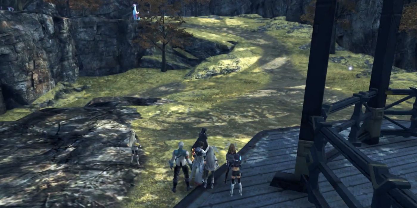 The party of Xenoblade Chronicles 3 characters standing at the base of a small hill