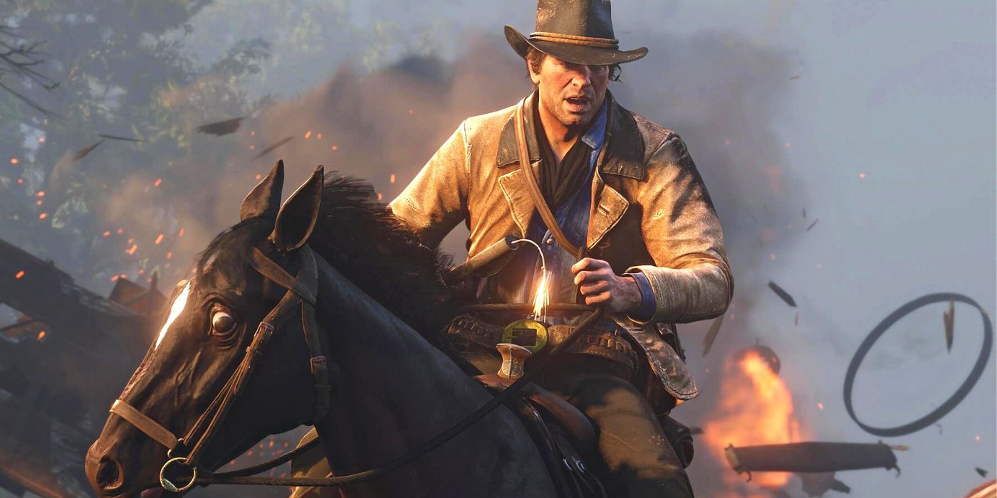 Arthur Morgan de Red Dead Redemption 2 montando um cavalo com uma explosão ao fundo.