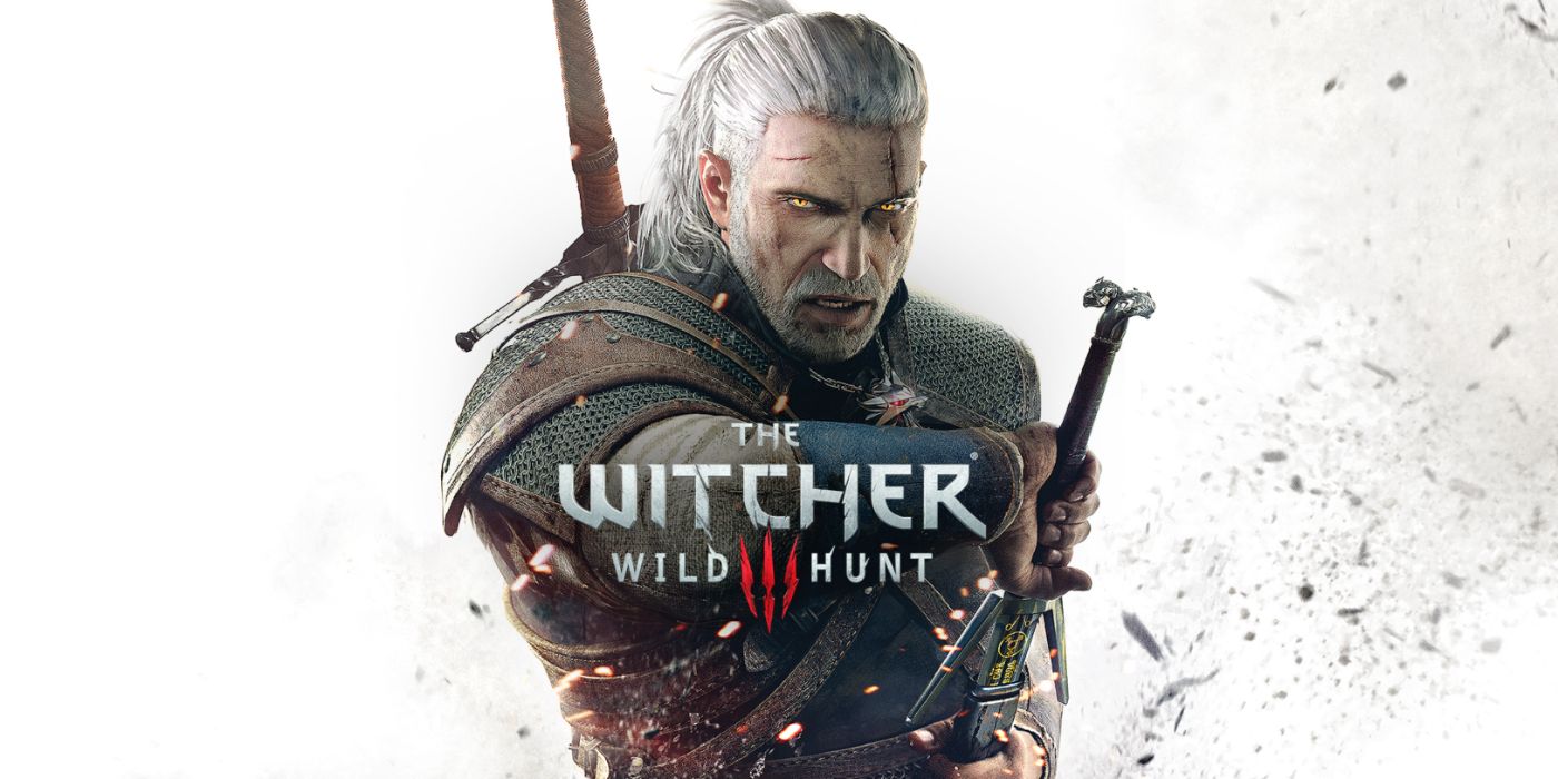 Geralt of Rivia drawing his sword in The Witcher 3 promo art.