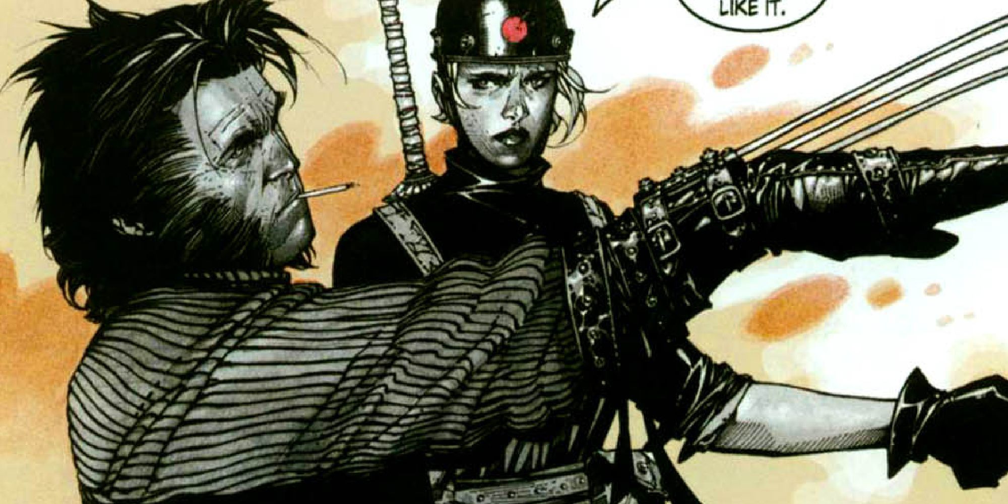Wolverine and Zealot join forces in WildC.A.T.S. / X-Men comics.