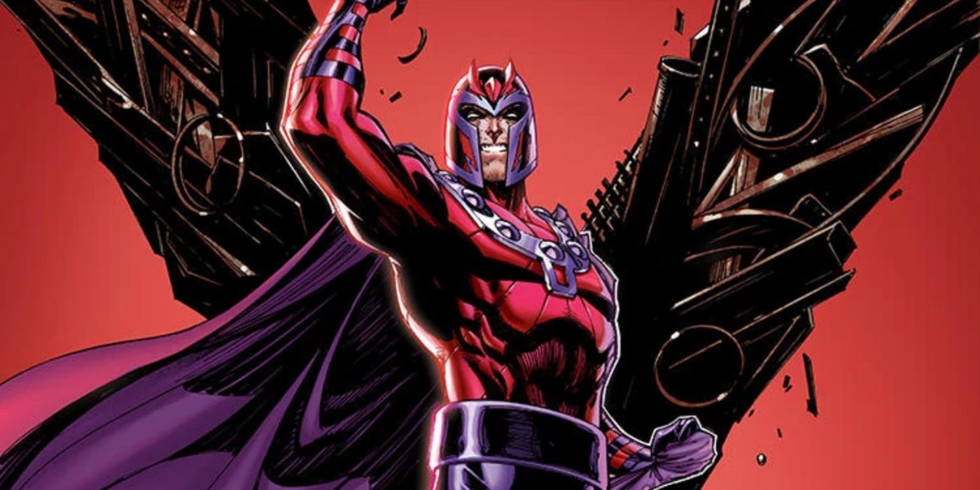 Magneto vestindo seu terno vermelho e roxo com um metal 