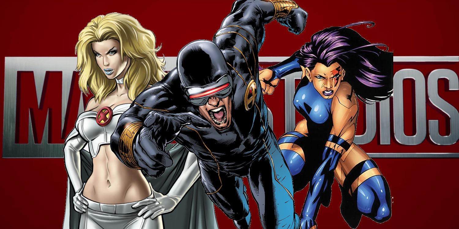 Marvel Studios logo with comics book depictions of Emma Frost, Cyclops, and Psylocke superimposed