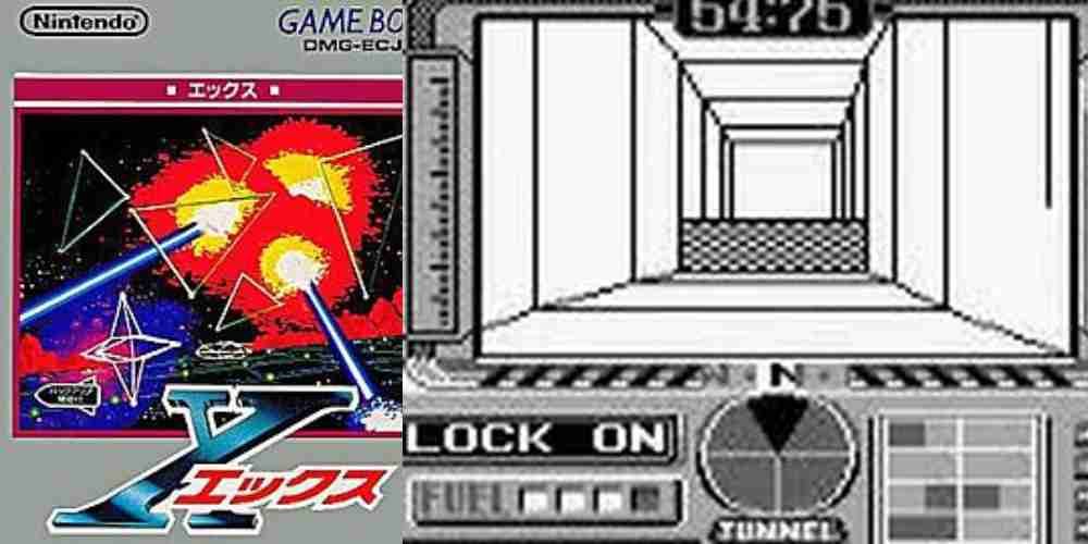 Arte da capa e visão em primeira pessoa do jogo X no Game Boy.