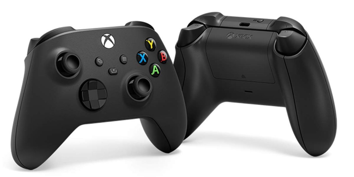 A black Xbox Series X|S controller presented from the front and back.