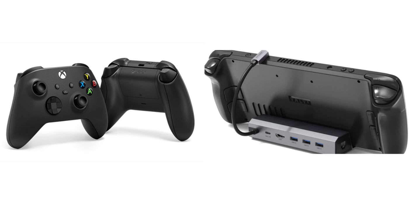 Split image of Xbox Series X|S controllers and a docked Steam Deck.