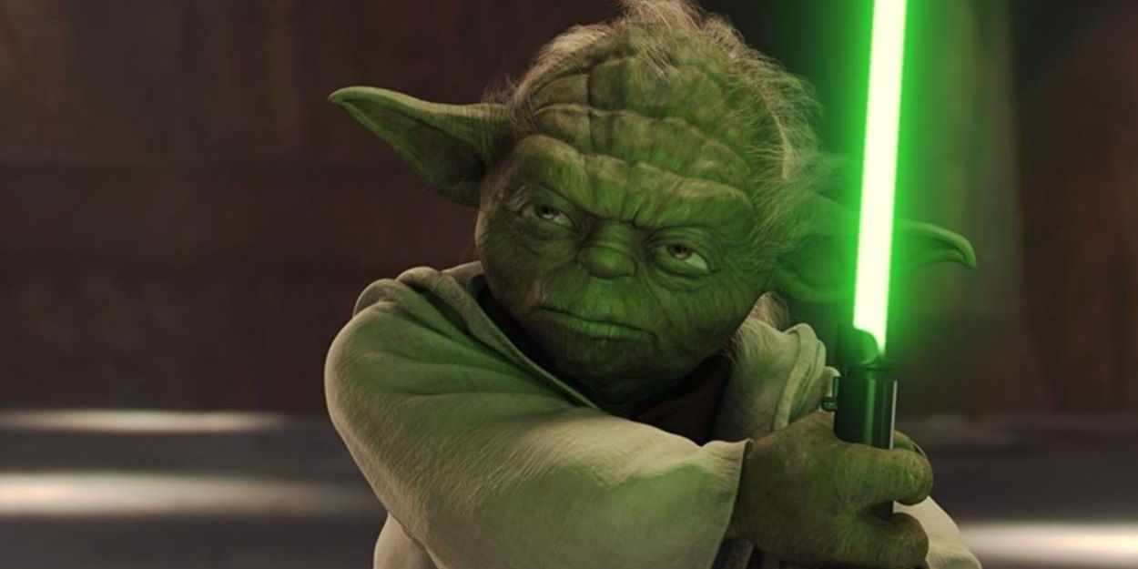 Yoda uses his lightsaber in Attack of the Clones.
