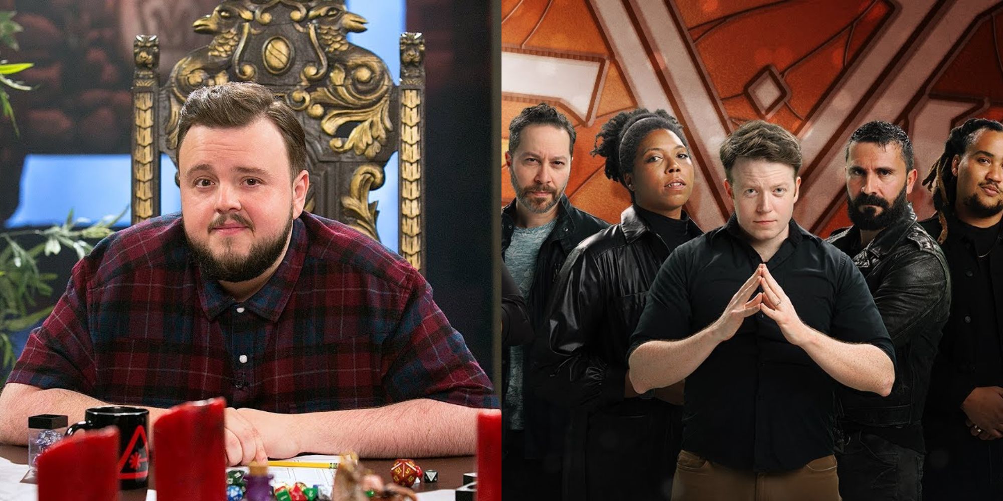 Split image showing YouTube Shows CelebriD&D with Game of Thrones' John Bradley and Exandria Unlimited Calamity.