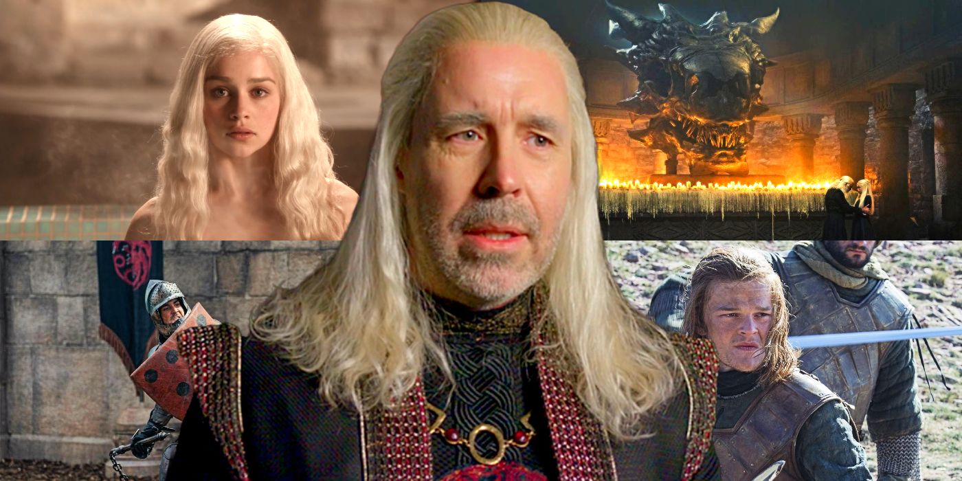 Young Ned Stark and Daenerys in Game of Thrones, Viserys, Criston Cole, and Balerion in House of the Dragon
