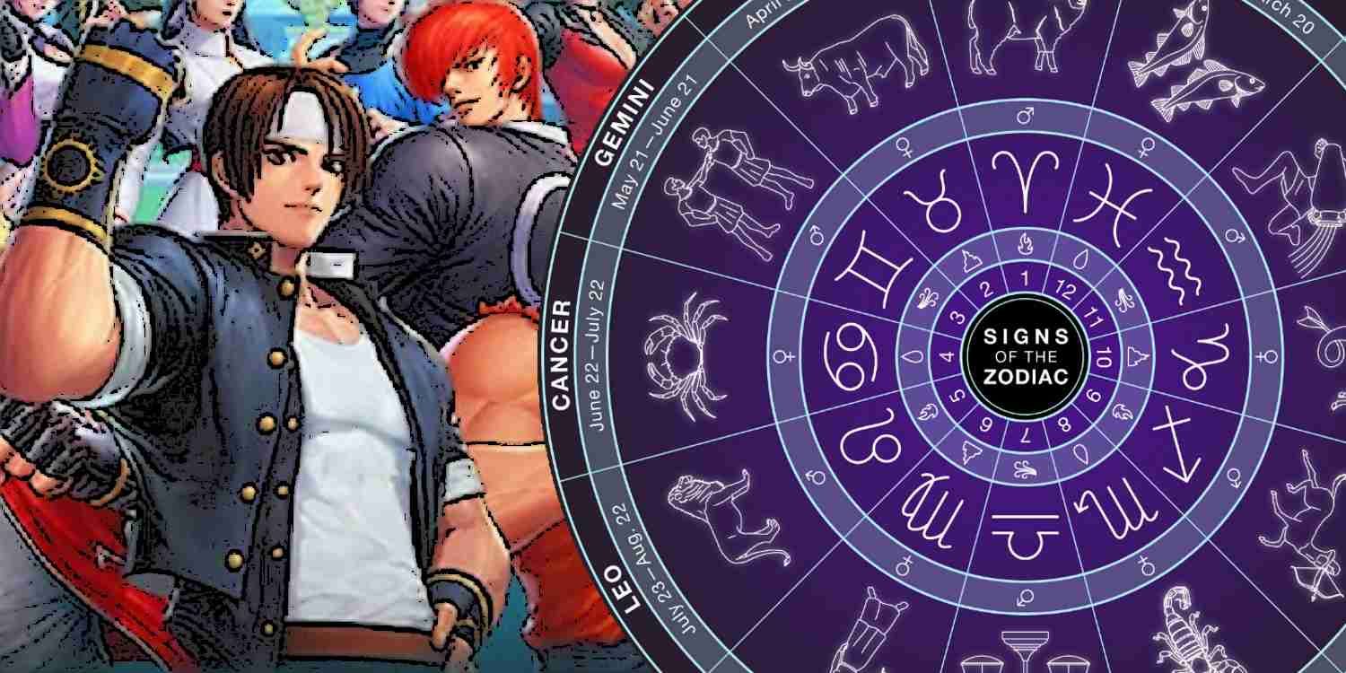 Kyo and Iori from King of Fighters pose next to a Zodiac wheel.