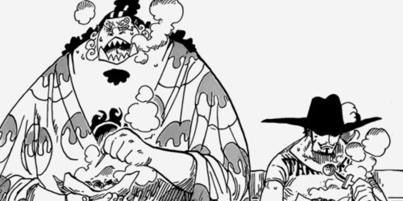 Jinbe eating with Mihawk in One Piece.