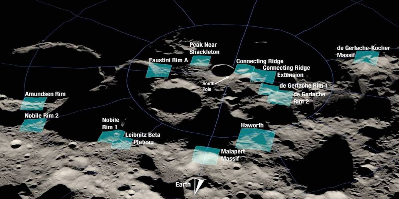 Topographic image of moon's South Pole with the thirteen potential sites identified by green highlight.