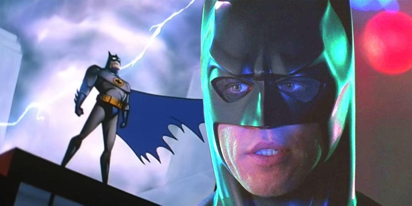 Still from Batman: The Animated Series and Val Kilmer as Batman in Batman Forever