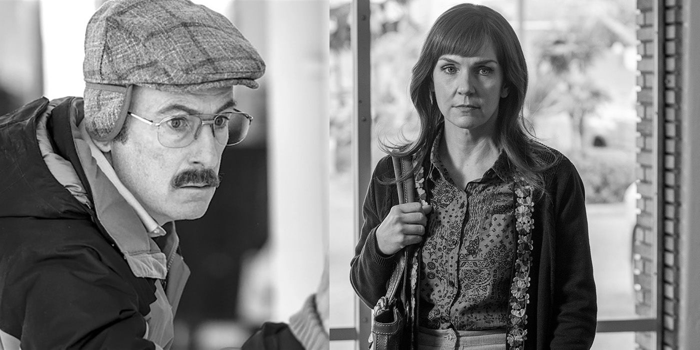 Split image of Saul as Gene and Kim, both in black and white, from Better Call Saul.
