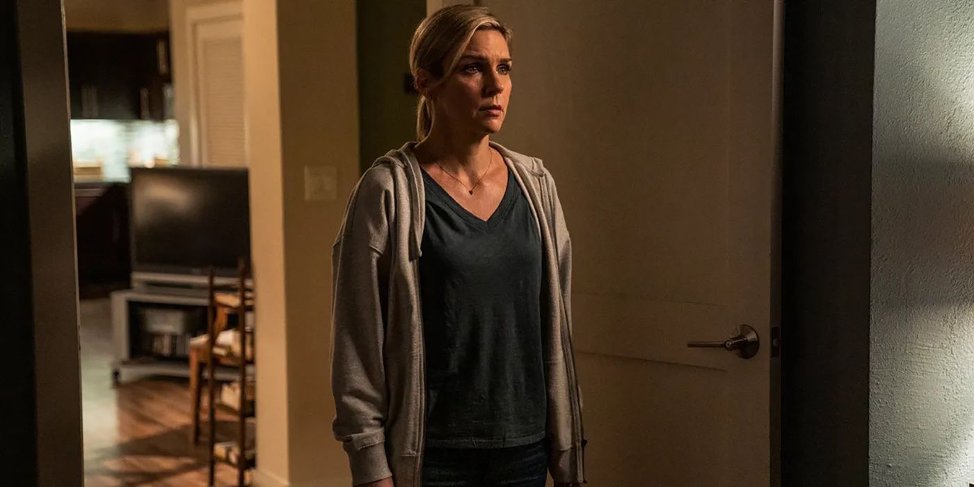 Kim from Better Call Saul standing in her house wearing a hoodie, looking upset.