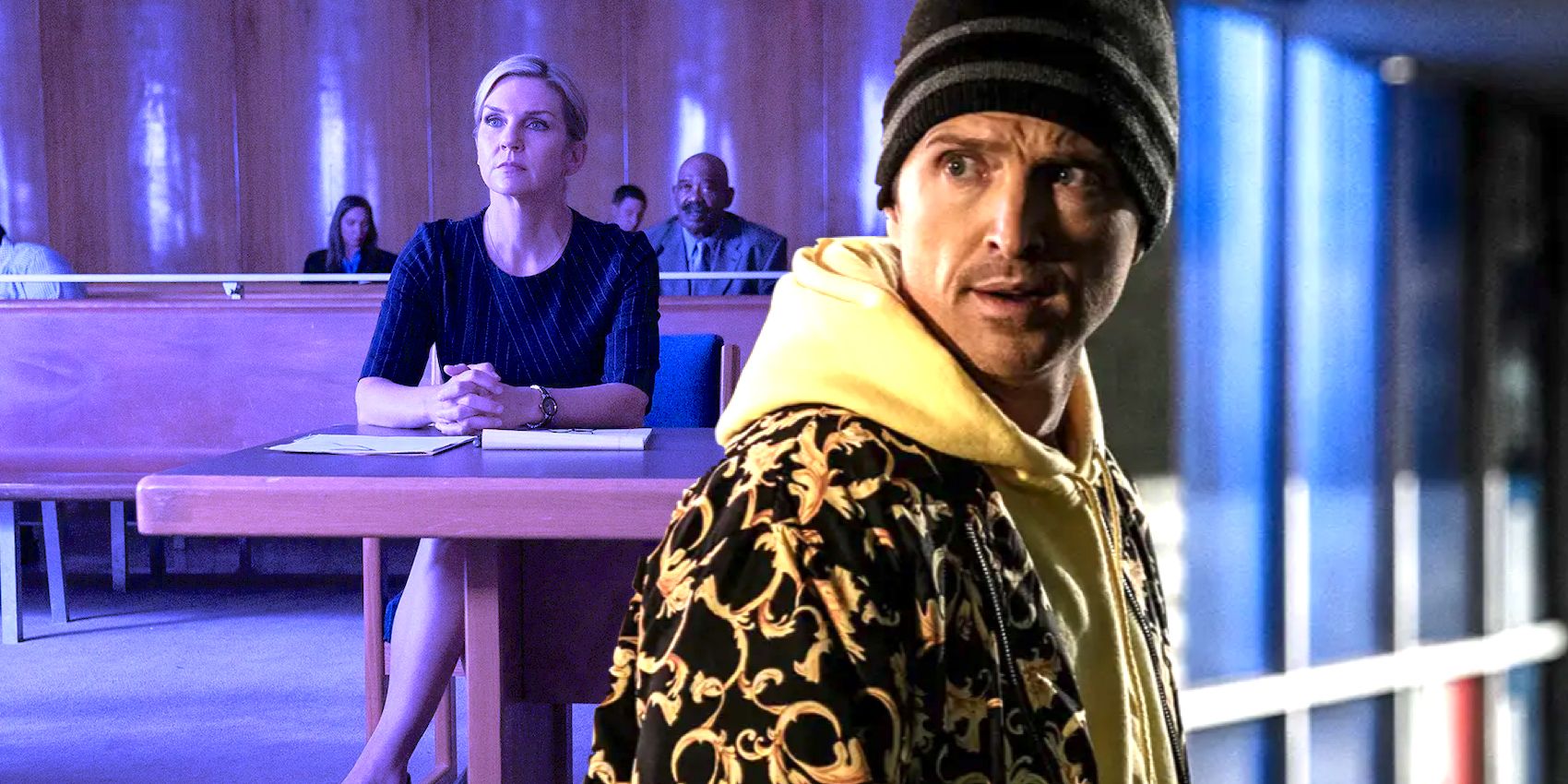 Rhea Seehorn as Kim Wexler in court combined with Aaron Paul as Jesse Pinkman in Better Call Saul season 6