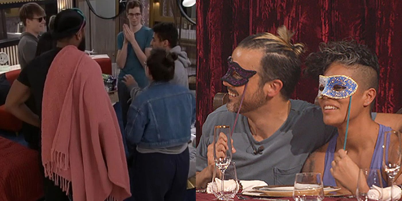 Split image of The Leftovers alliance meeting in the HoH room and Daniel and Nicole wearing masks in scenes from Big Brother 24.