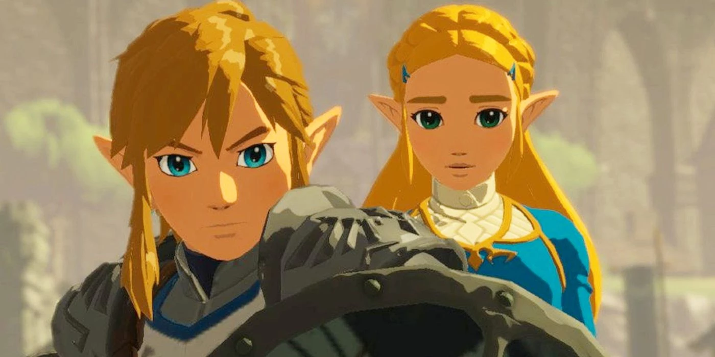 A screenshot of Link and Zelda from a flashback in The Legend of Zelda: Breath of the Wild. Link is wearing a set of armor, and holding up a shield to protect Zelda, who is peering over his shoulder.