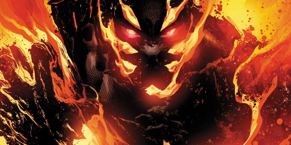 Brimstone is surrounded in fire in a DC comic