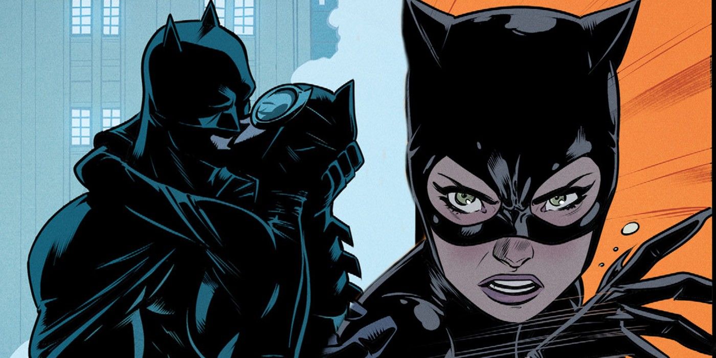 Beijo do Batman e da Mulher-Gato.  Mulher-gato parecendo séria.