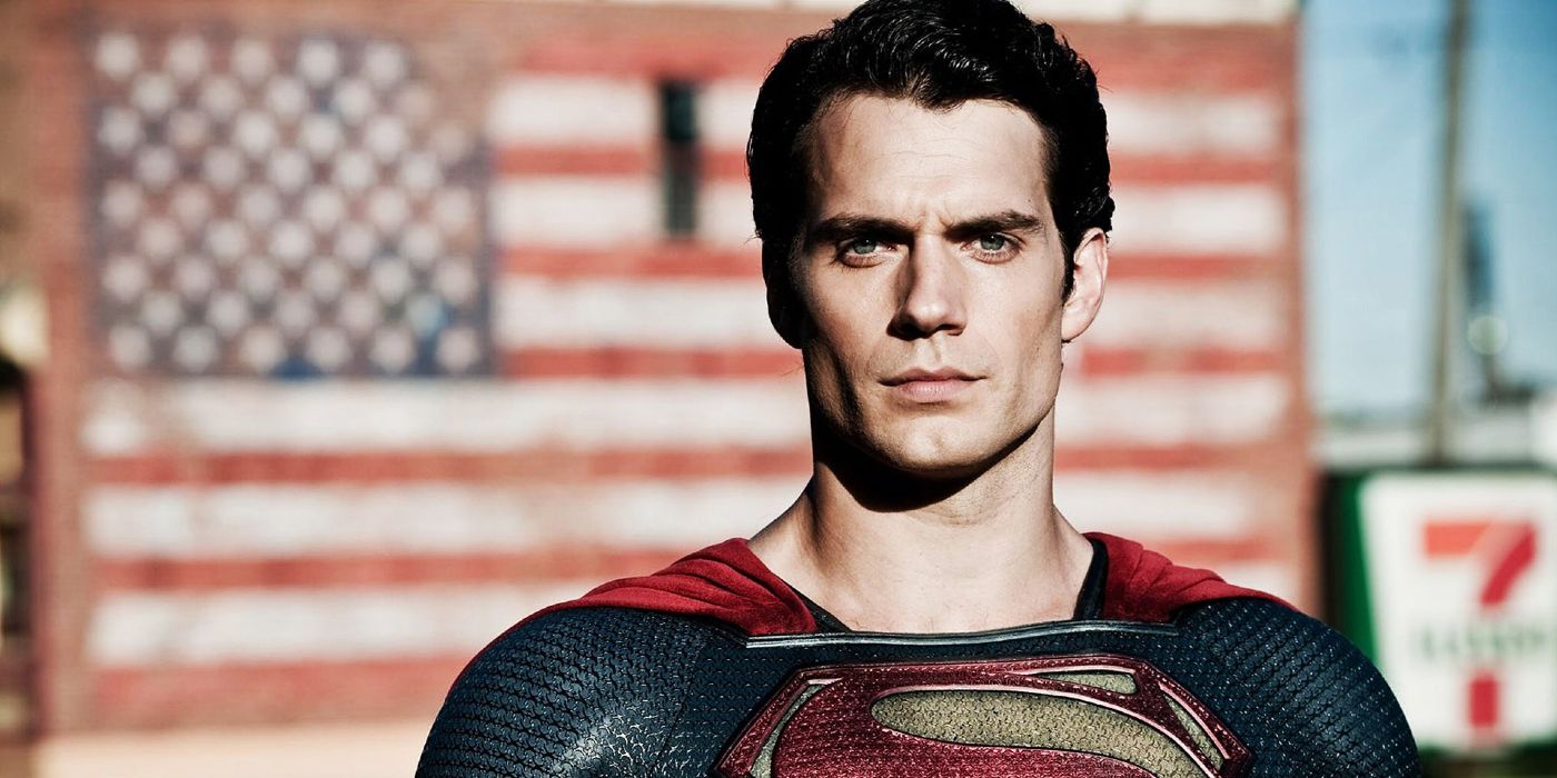 Superman in front of a US flag in Man of Steel.