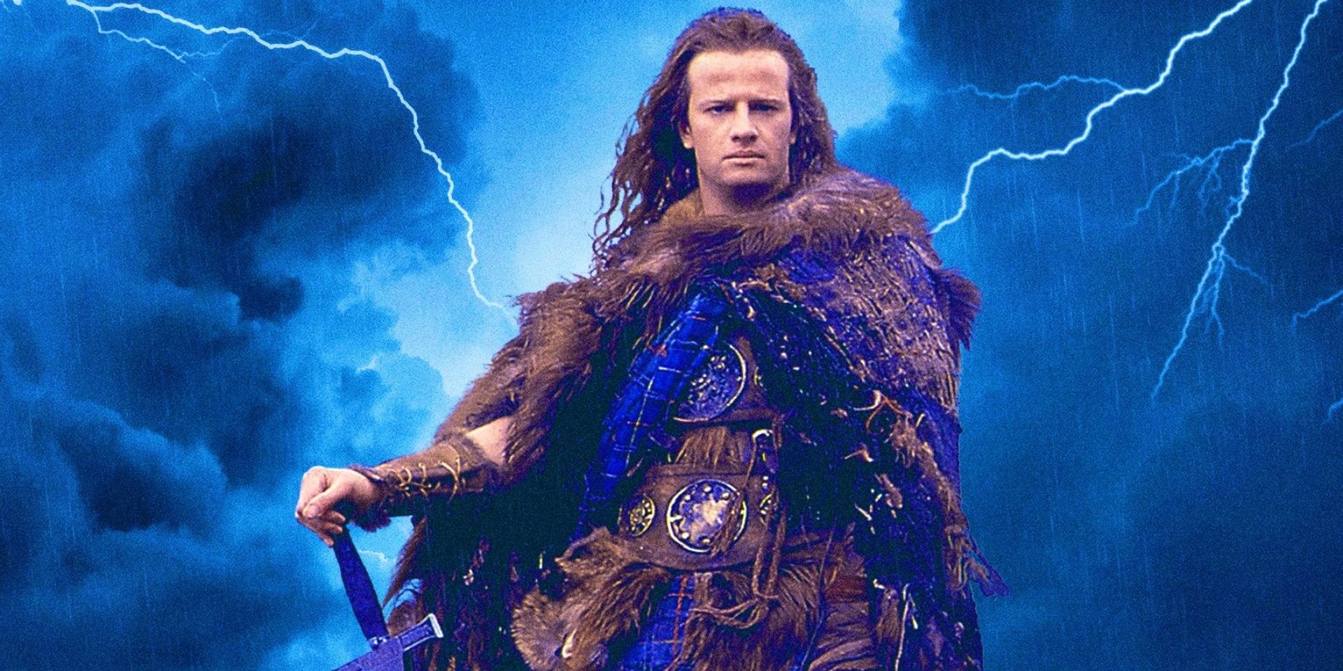Uma imagem personalizada de Christopher Lambert como Highlander em frente a um raio