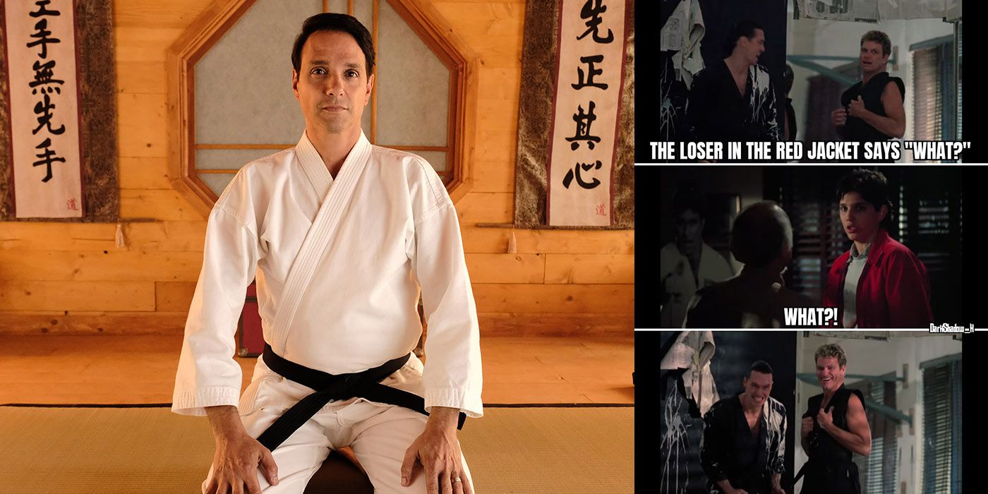Split image of Daniel LaRusso in his gi in Cobra Kai and a funny meme about him in The Karate Kid.