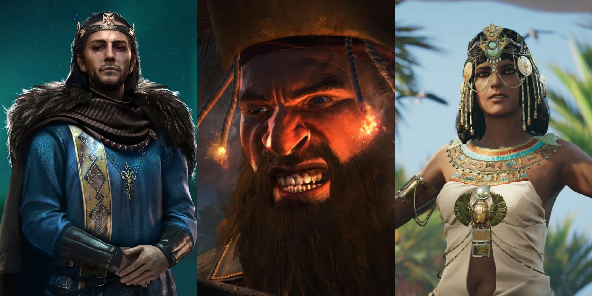 combined images of Alfred the Great, Queen Cleopatra, and Blackbeard from Assassin's Creed games