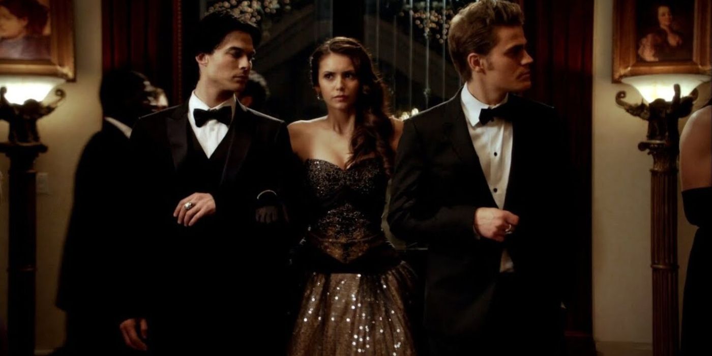 Damon, Elena e Stefan em The Vampire Diaries