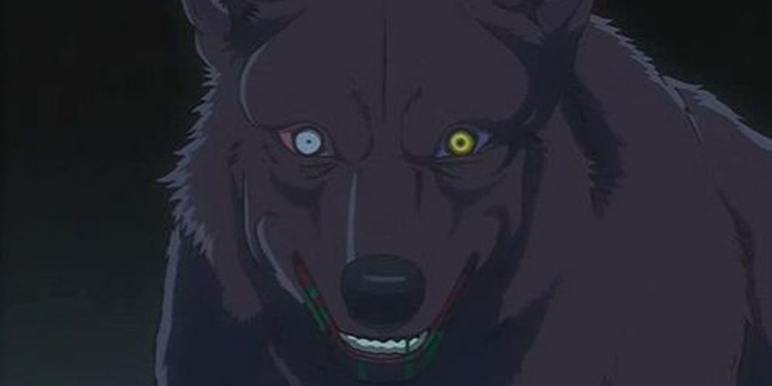 Darcia em forma de lobo sorrindo diretamente para a câmera em Wolf's Rain.