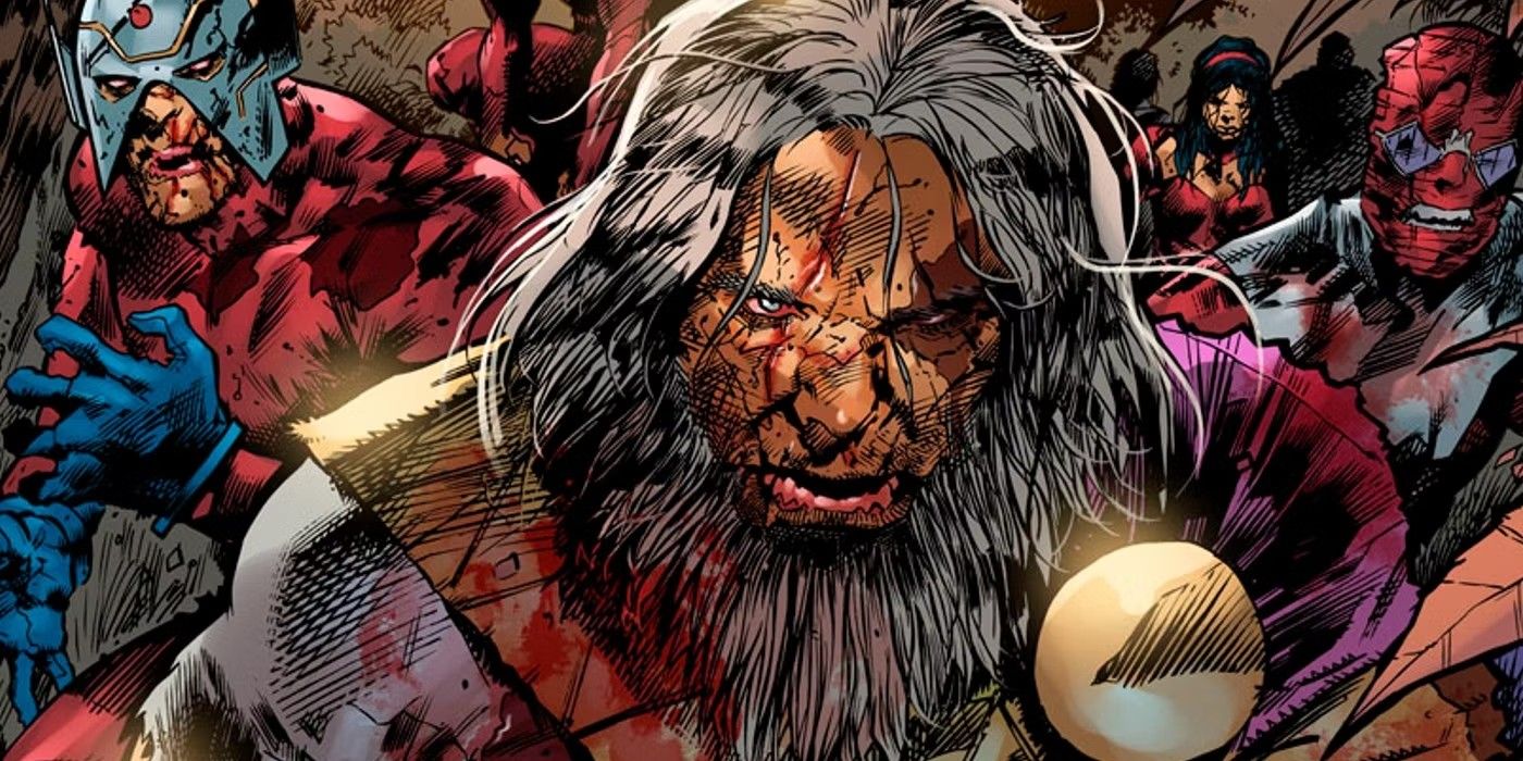 Comic book art: a grizzled Highfather stands in front of Orion and Bug.