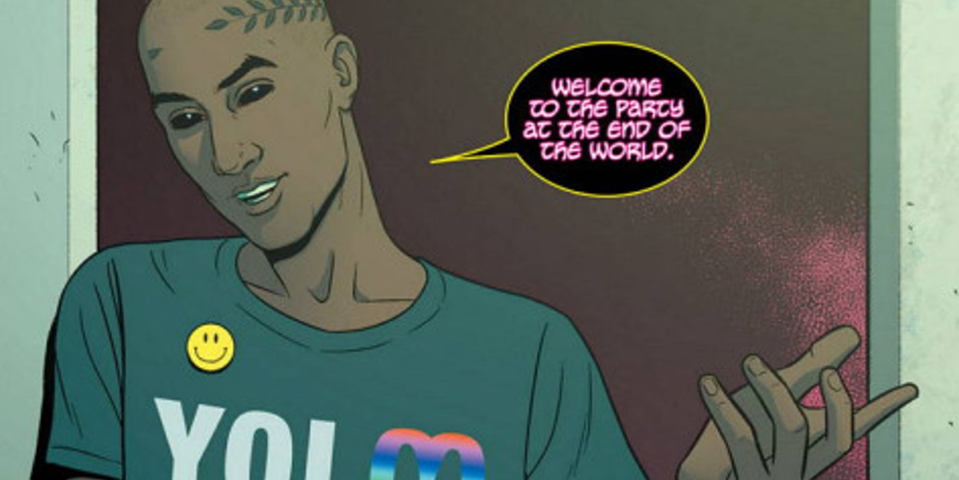 Image of Dionysus standing in a doorway saying