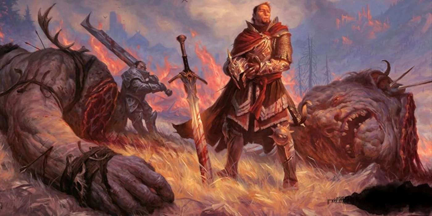 Artwork of a Great Weapons Master in Dungeons & Dragons, standing with their sword in the ground next to a decapitated giant corspe.