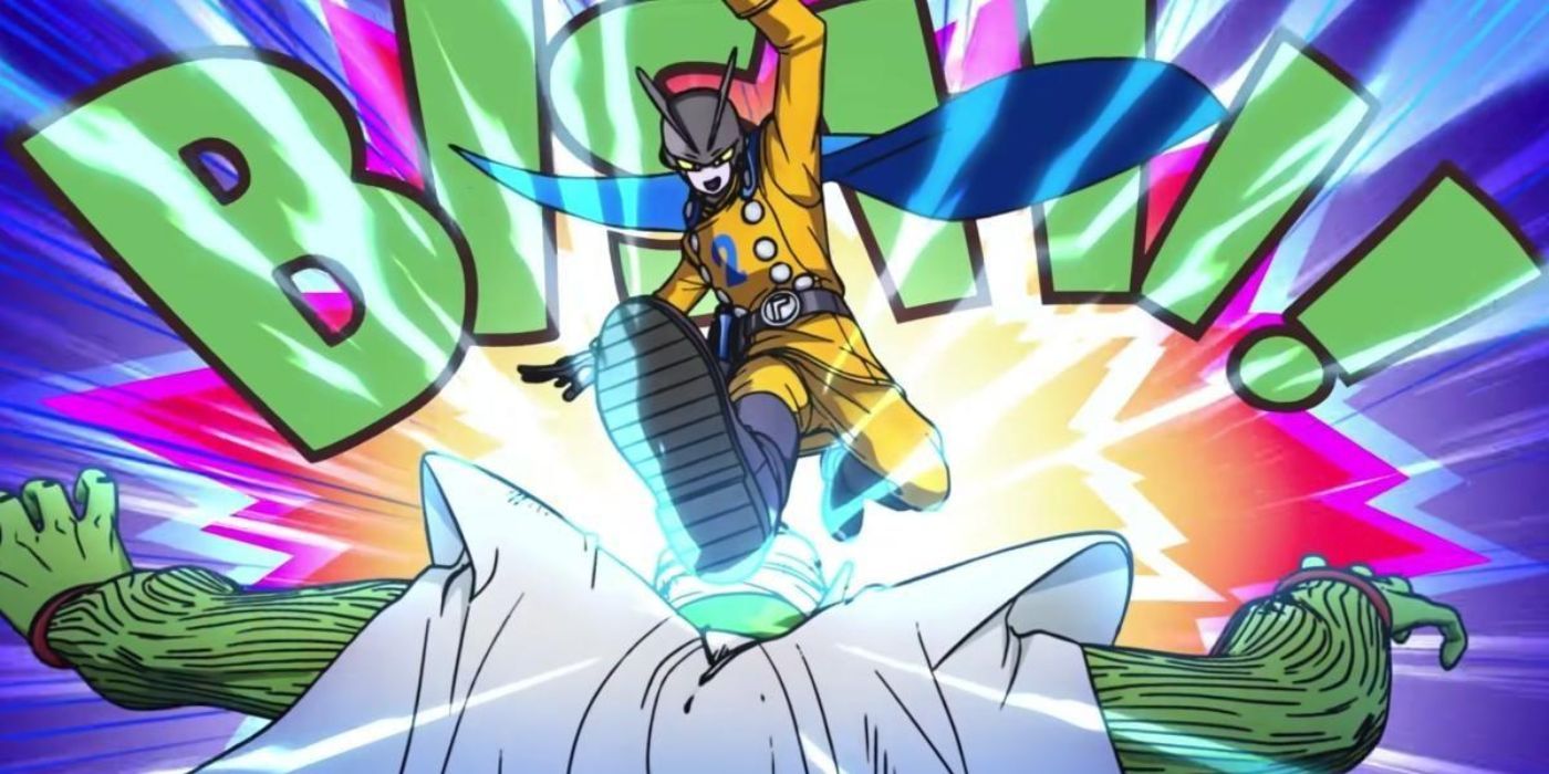 Gamma 2 chutando Piccolo com efeitos sonoros saindo - Dragon Ball Super: Super Hero.