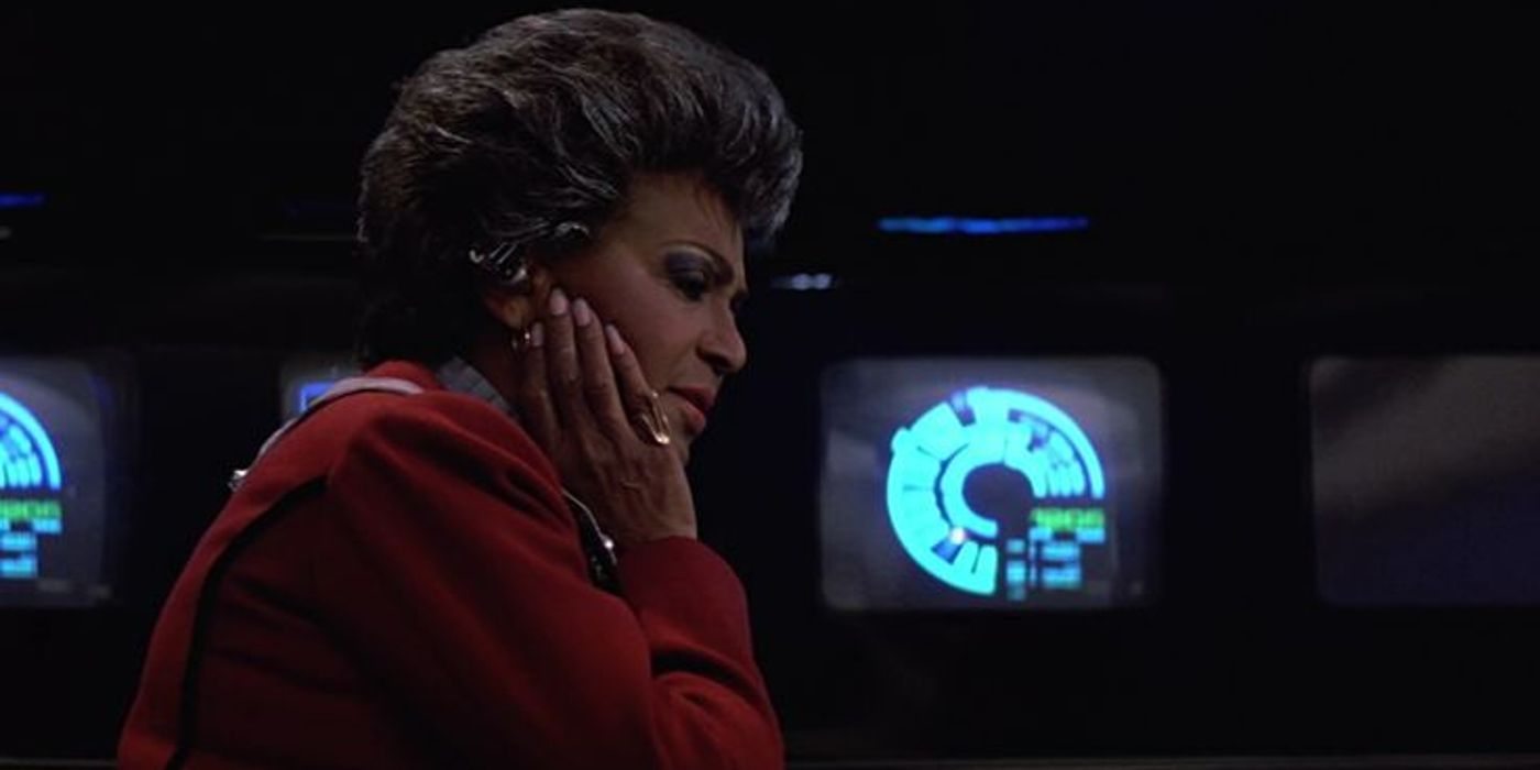 Image of Uhura receiving communications on the bridge