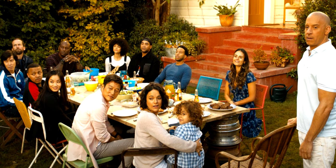 The Fast and the Furious family BBQ at the end of F9.