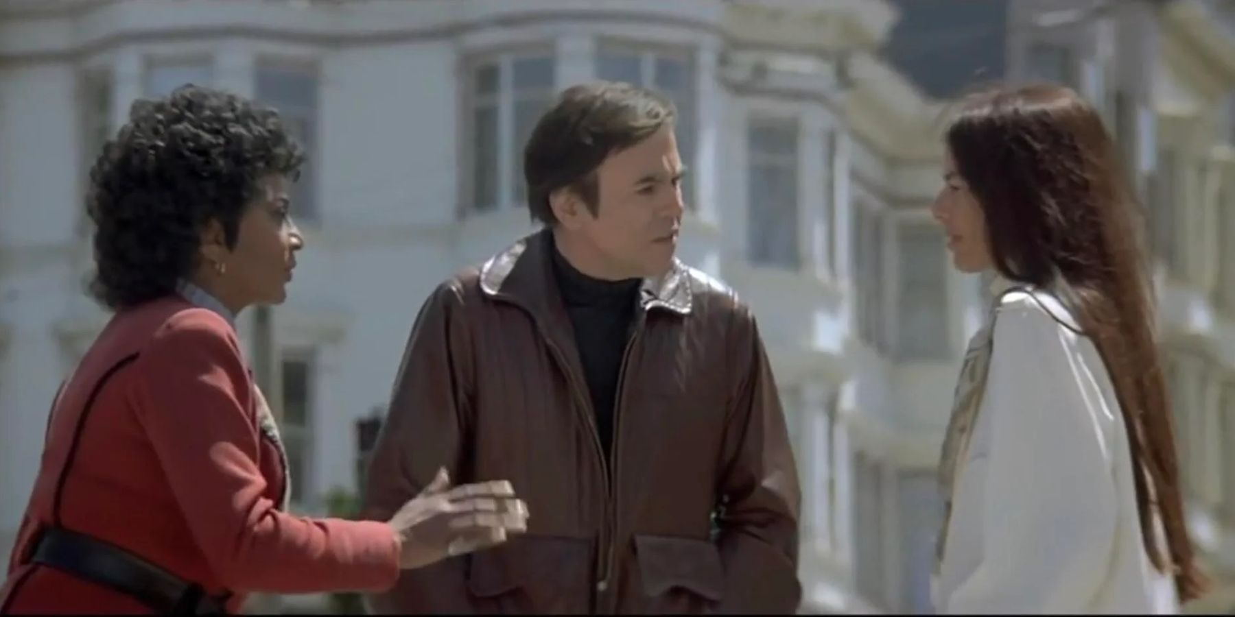 Image of Uhura and Chekov asking a woman in the 1980s for directions