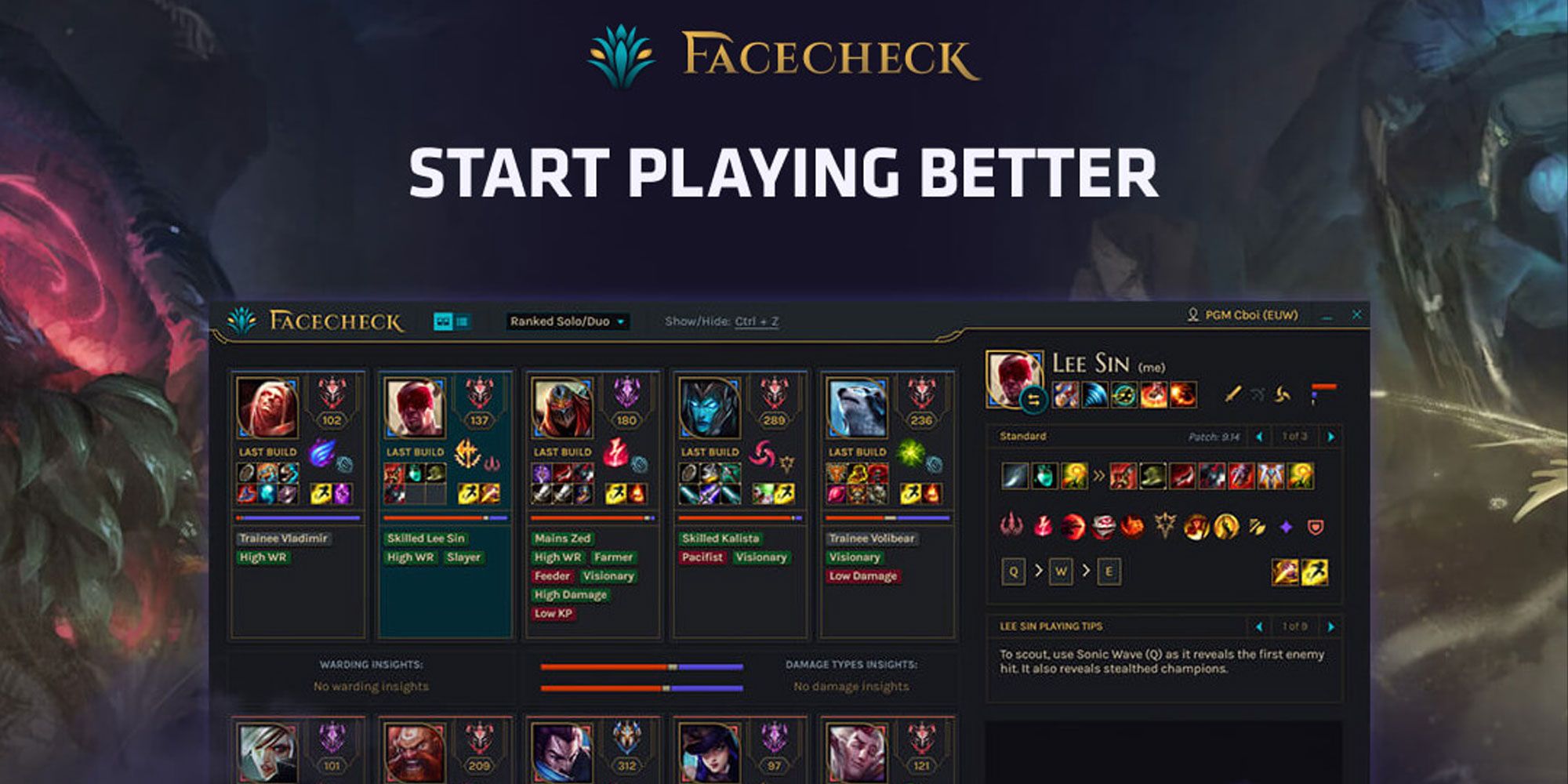 Image of League of Legends companion app Facecheck showing a screenshot of the app and text that says START PLAYING BETTER.