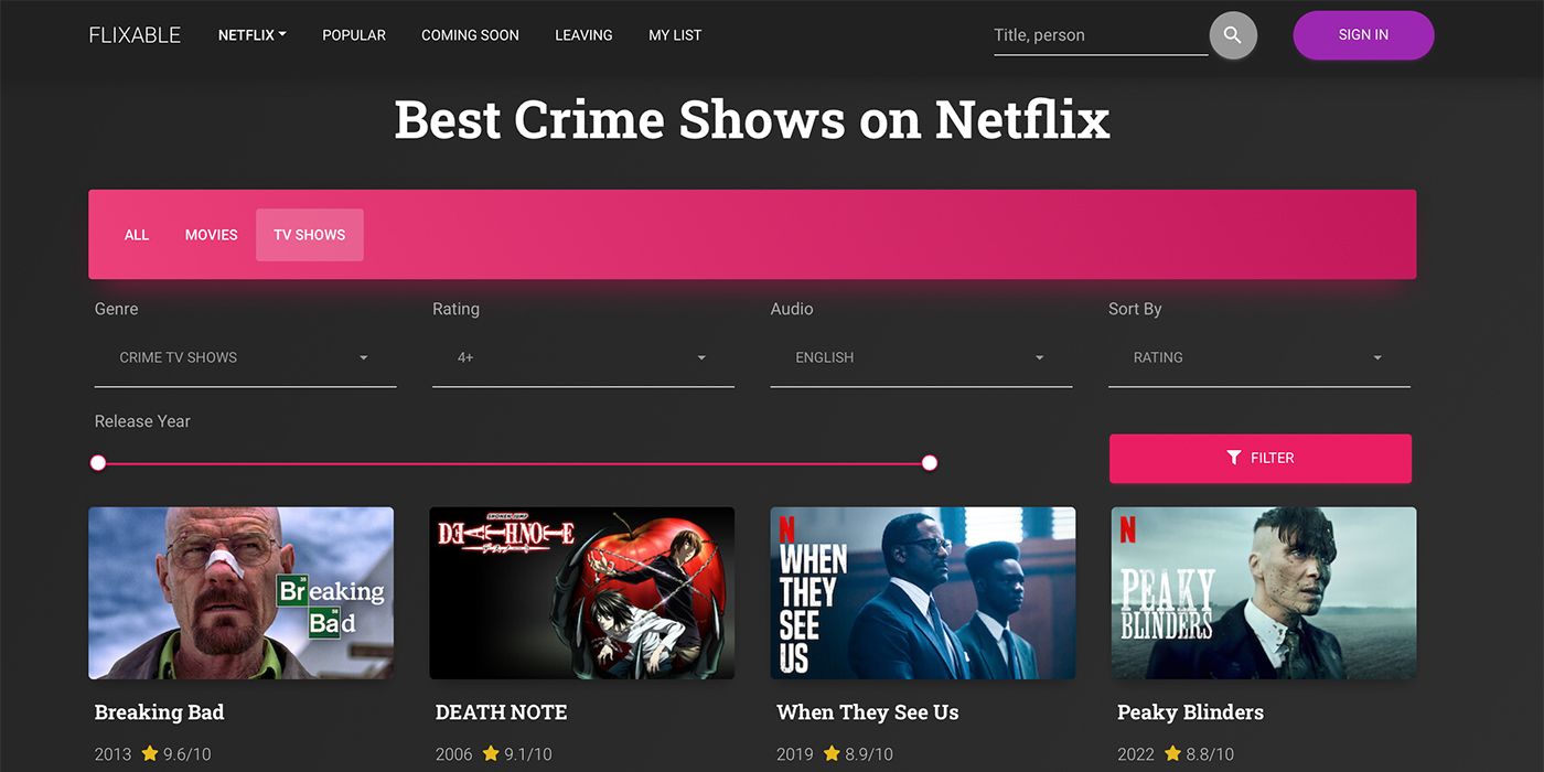 A screen shot of search results on Flixable showing the best crime shows on Netflix.