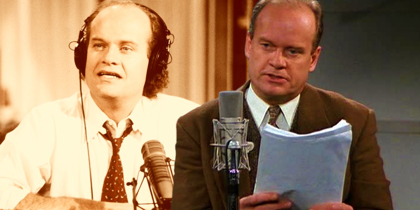 Kelsey Grammer as Frasier Crane working at KACL radio station and in a recording studio with a script
