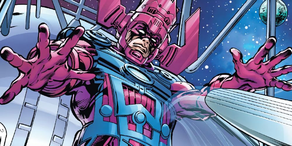 Galactus attacks Silver Surfer down below in Marvel comics