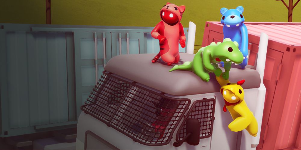 The beasts climb a truck in Gang Beasts