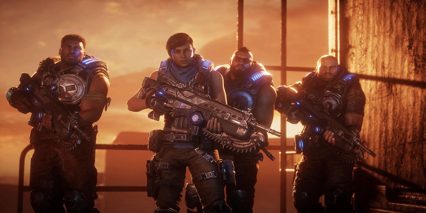 A screenshot from the game Gears 5 showing the four members of the team
