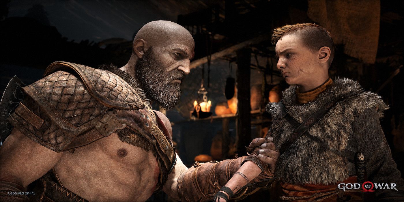 A screenshot of Kratos and Atreus from the 2018 game God of War