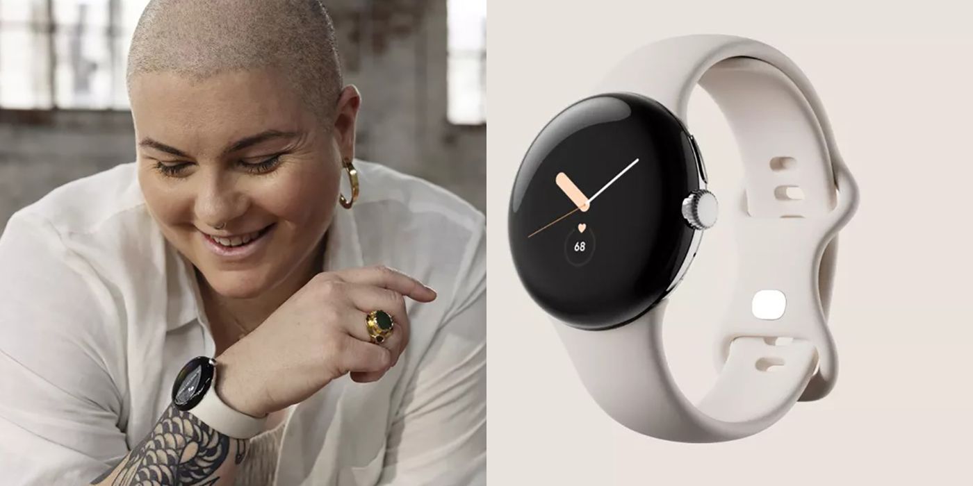 Split image of a woman wearing the Google Pixel Watch and the Pixel Watch on a beige background.